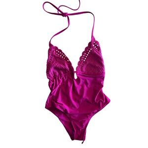 Y2K No Boundaries Magenta Crochet Trim Halter One Piece Swimsuit Womens Medium